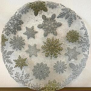 Artistic Accents Turkish Glass Serving Platter 13in Gold Silver Snowflakes NEW